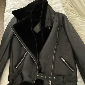 NEW ZARA BLACK FAUX LEATHER SHEARLING FUR DOUBLE FACED BIKER JACKET AVIATOR COAT